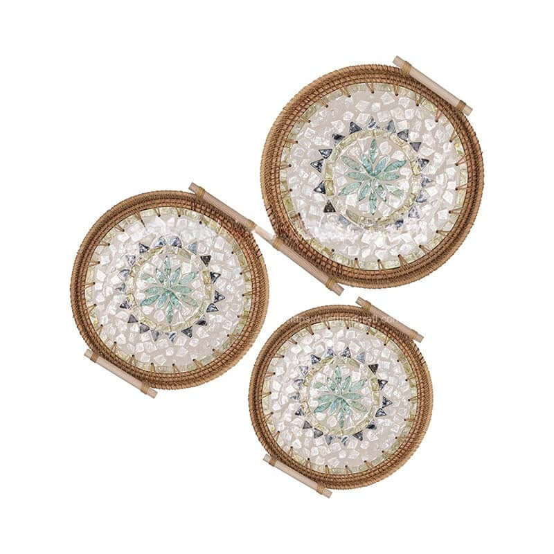 Handwoven Rattan & Mother of Pearl Decorative Tray